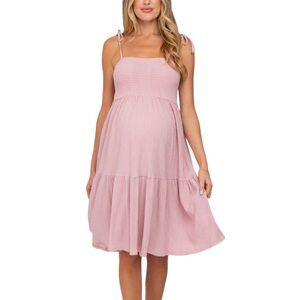 Pink Smocked Tie Shoulder Knee Length Maternity Dress Sz XL NWT